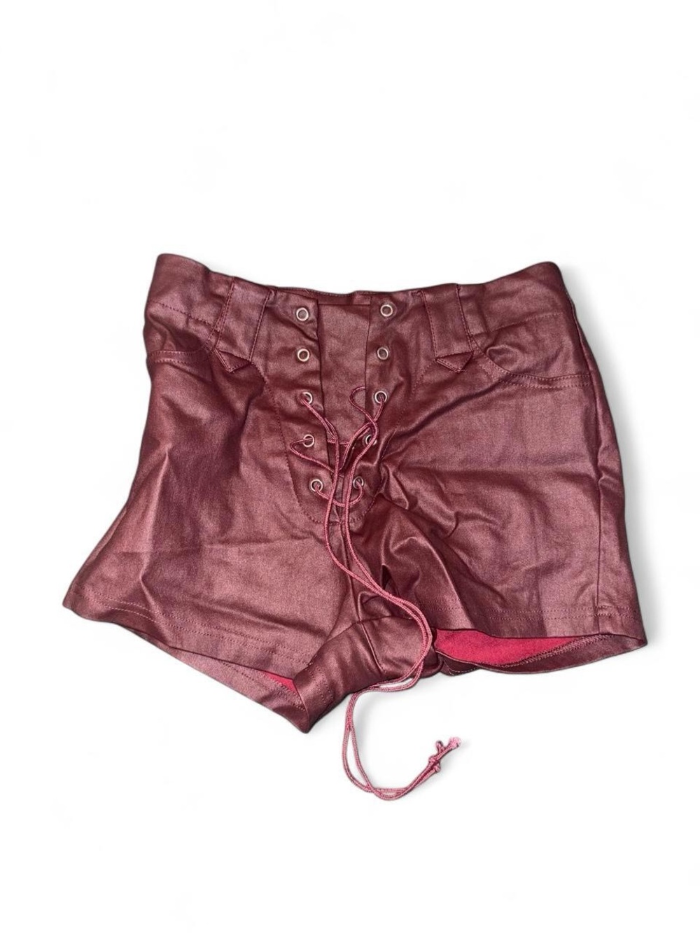 Lace-Up Faux Leather Women's Shorts in Burgundy